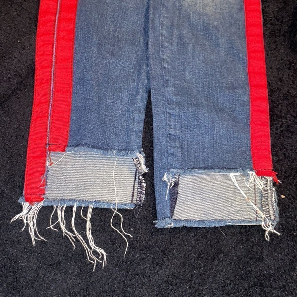 Etienne Marcel Tammy Side Stripe Skinny Double Red Ribbon High Low Raw Hem Jeans - Picture 6 of 8